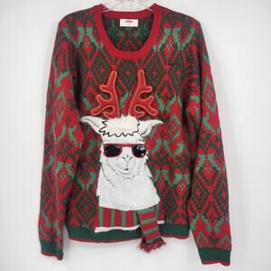 Holiday Time Llama Ugly Christmas Sweater Red Fair Isle 3D Novelty Large 42-44